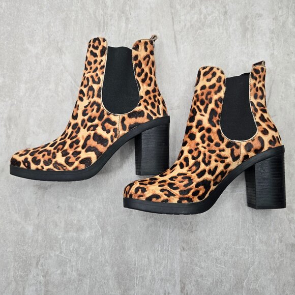 CV Ankle Boots 8.5 Brown Faux Fur Animal Print Dressy Platform Block Heel Bootie - Picture 6 of 11